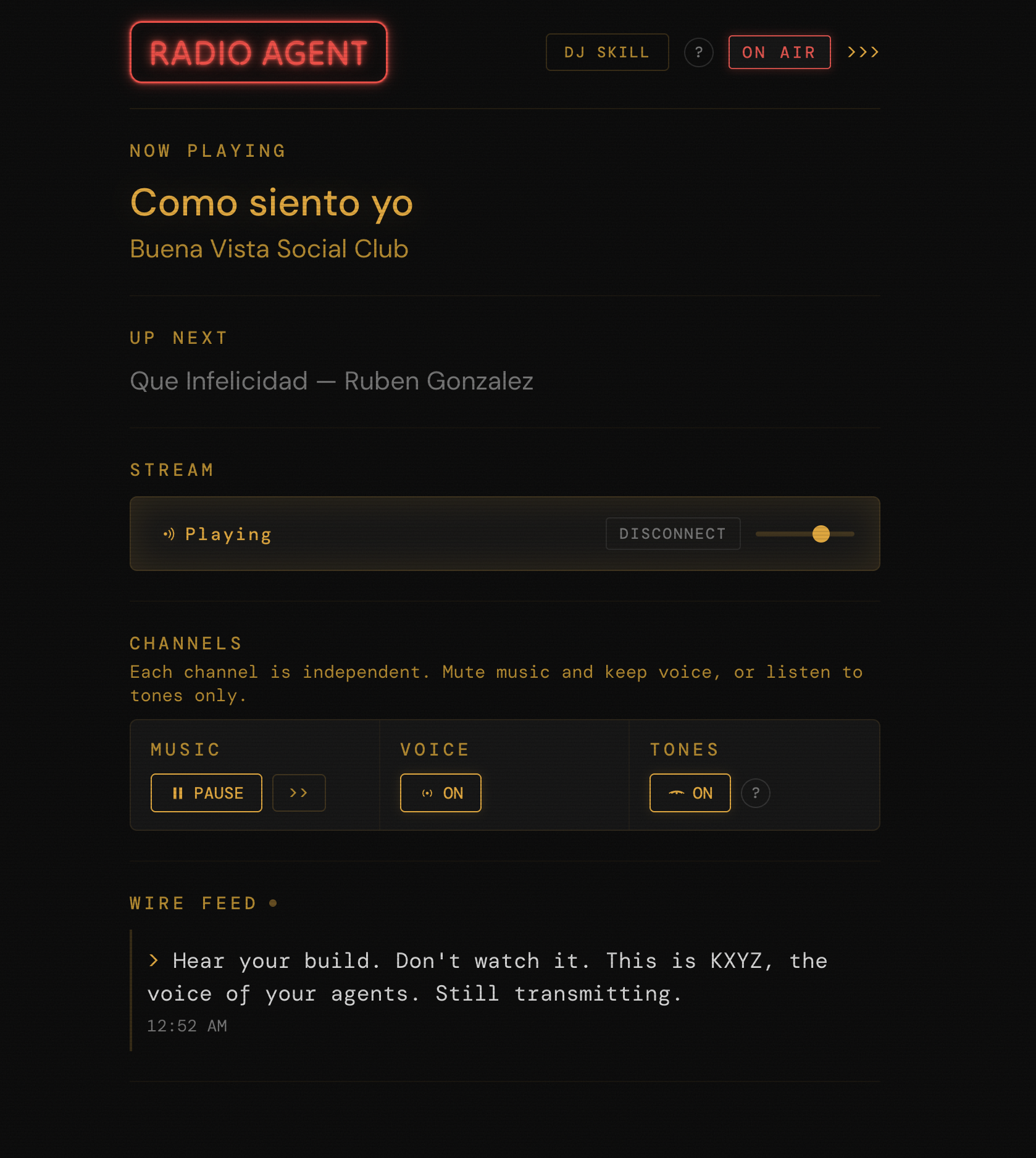 Radio Agent dashboard showing now playing, wire feed with typing animation, and player controls